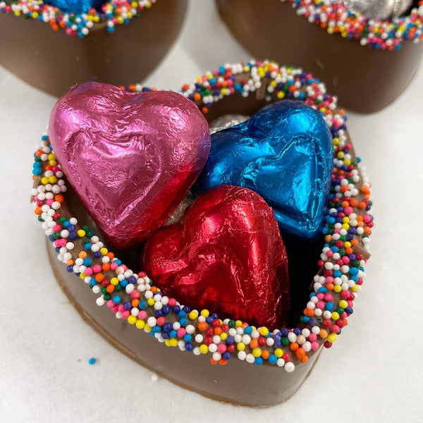 Sprinkle Heart box filled with foil wrapped Chocolates - Nandy's CandySprinkle Heart box filled with foil wrapped Chocolates